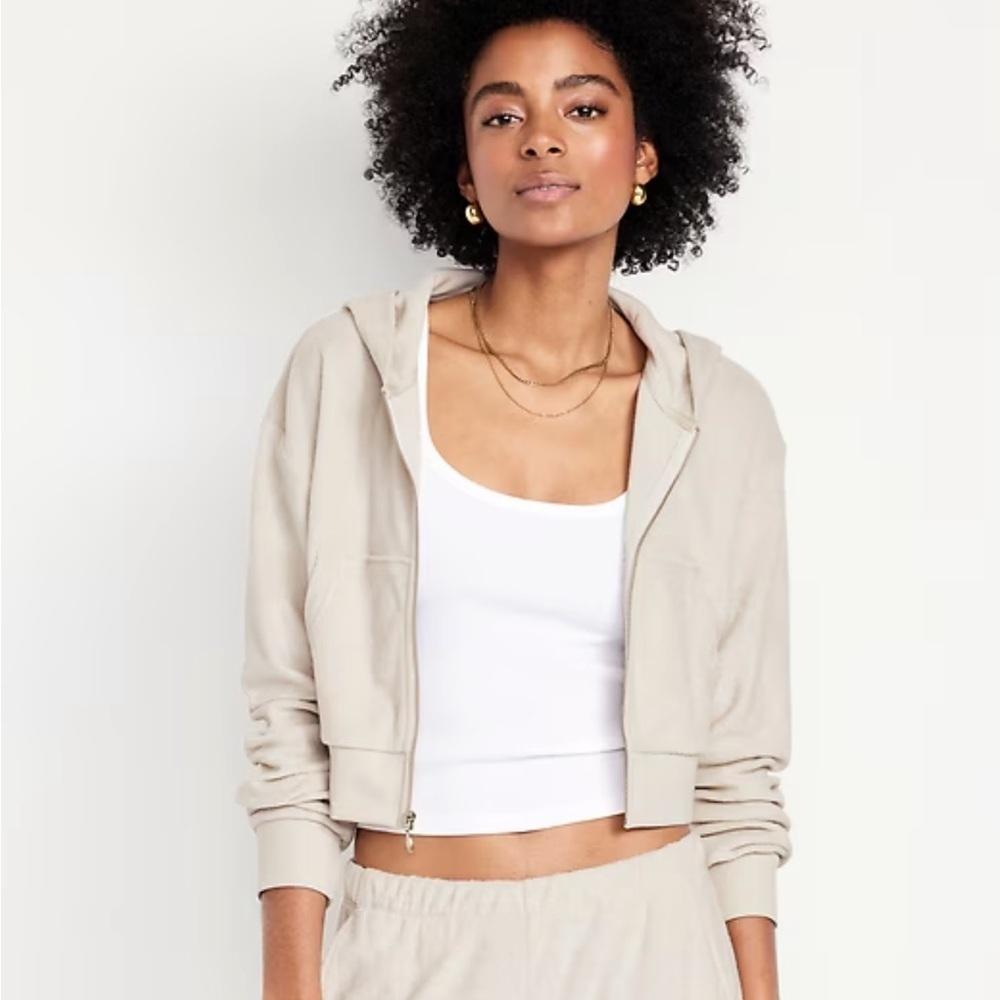 Old Navy Women's Cream/Wish Bone Cropped Terry Cloth Hooded Jacket | XL